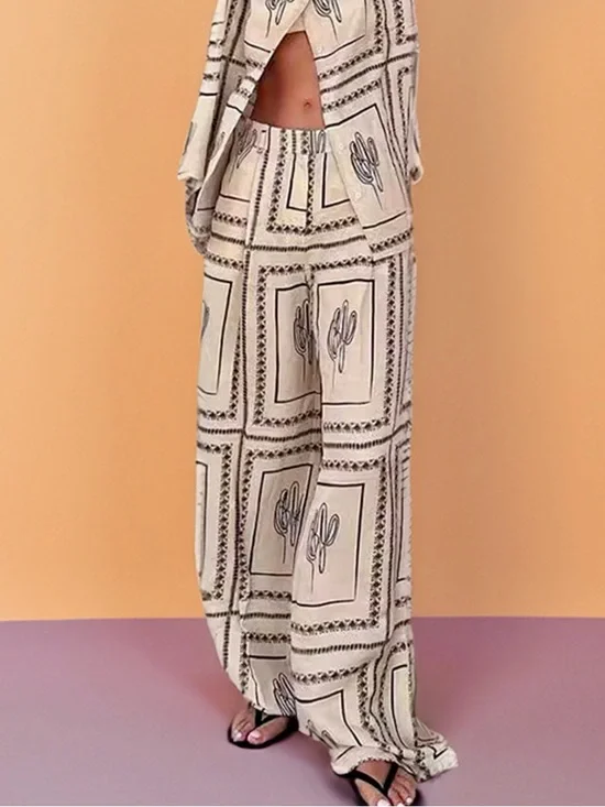 ❤️Hello Gorgeous! Desert Tile Print Cactus Print Button Up Shirt and Pants Set - Picture 6 of 9